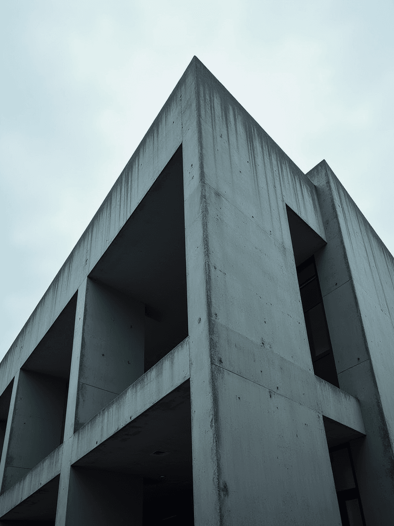 Dev-generated brutalist architecture: moody concrete building against overcast sky