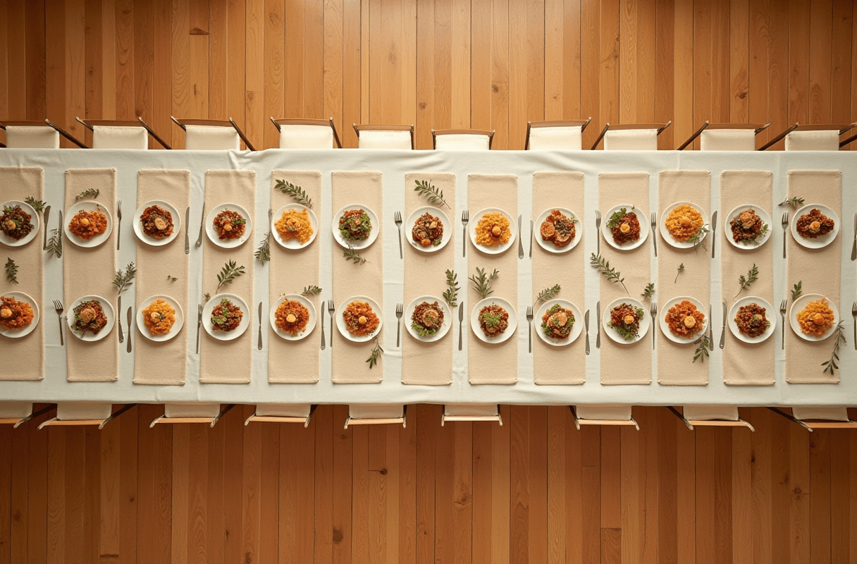 A top-down view of eight parallel buffet lines running side by side, each line a neat row of small earthy-toned dishes on a warm linen runner. The eight rows are visually identical in structure but the dishes within each row are subtly different — different garnishes, different sauces, different seasonings — emphasizing the eight specialized variations of the same potluck. Soft warm light from above, photorealistic editorial photography.