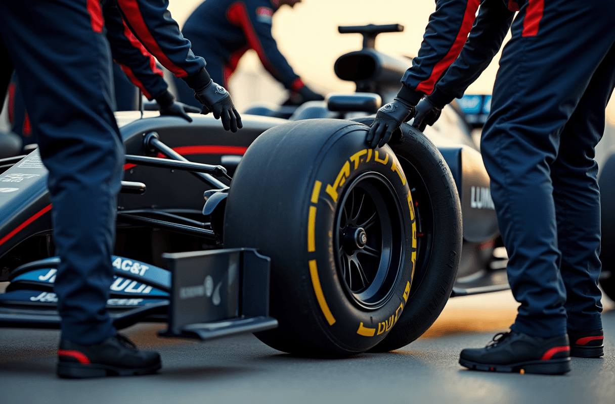 A Formula 1 pit crew executing a tyre change in perfect coordination — hands and wheel guns in sharp focus, a fresh tyre going on, the crew in matching navy overalls with red trim, choreographed precision frozen mid-motion. The two-second stop as a machine for making mistakes cheap.
