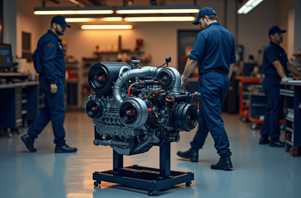 A modern Formula 1 power unit partially disassembled on a clean workshop stand, one complex component removed and set alone on a bench, the remaining engine looking simpler and lighter. Deliberate subtraction as an upgrade.