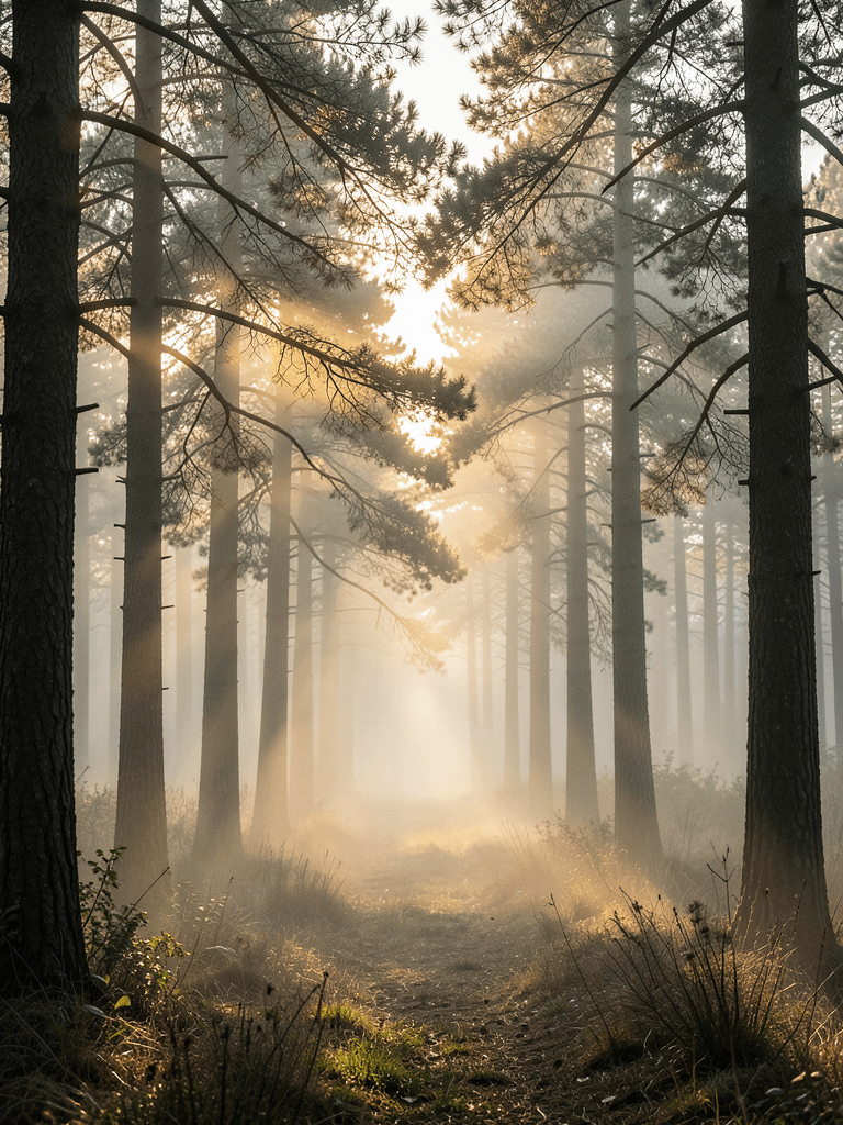 Klein-generated forest: misty dawn light through pine trees, generated in ~12 seconds