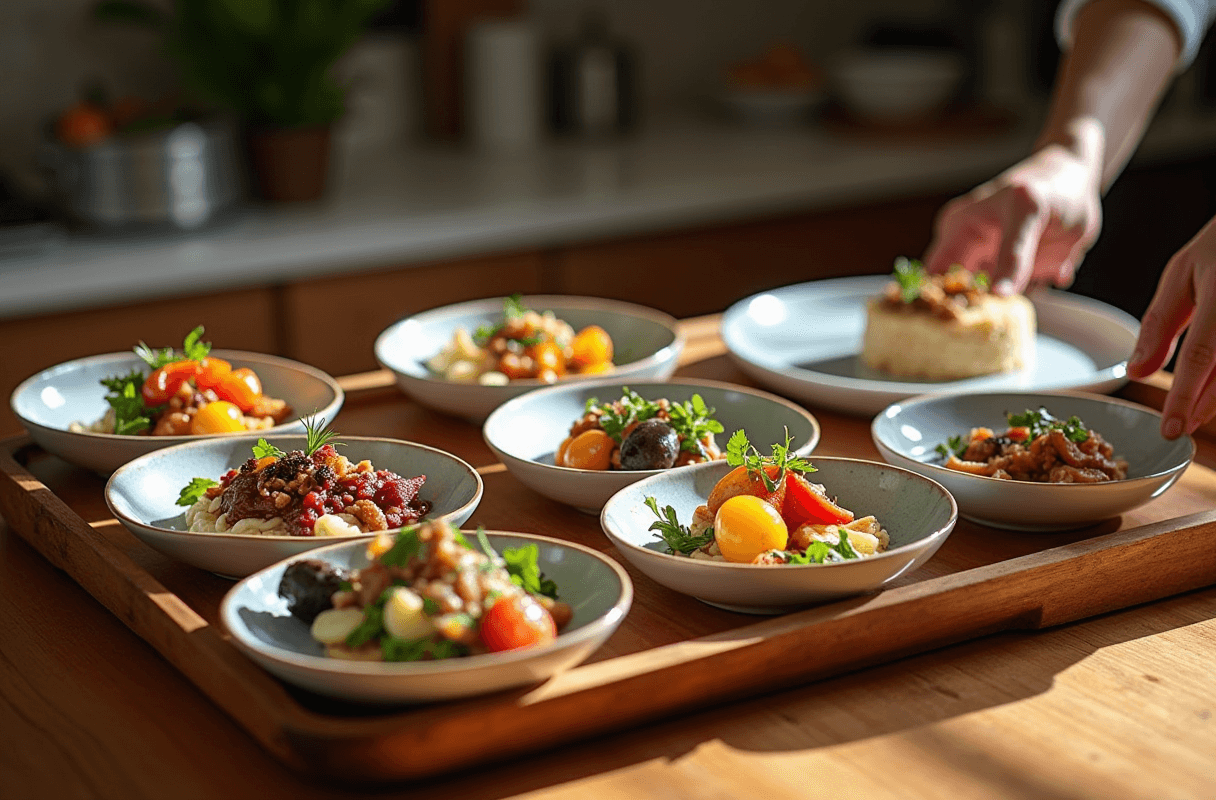 A wooden serving tray on a warm kitchen counter holding eight small porcelain plates arranged in a neat grid, each carrying a different small portion in earthy colors. Beside the tray sits one larger plate where a chef's hands carefully transfer elements from each small plate, blending the eight specialist contributions into one cohesive composition. Warm natural light, photorealistic editorial photography capturing the moment of synthesis.