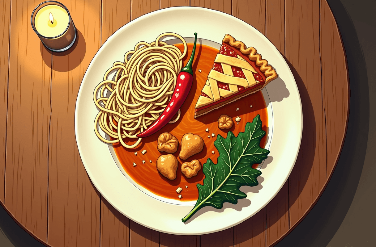 A single ceramic plate shown from above holding a deliberately imbalanced meal: about half the plate is a generous heap of Thai noodles with chilies, a quarter is butter chicken in orange tomato-cream gravy, a smaller wedge is apple pie, and a single kale leaf sits at the edge — the proportions tell the story of a weighted mix.