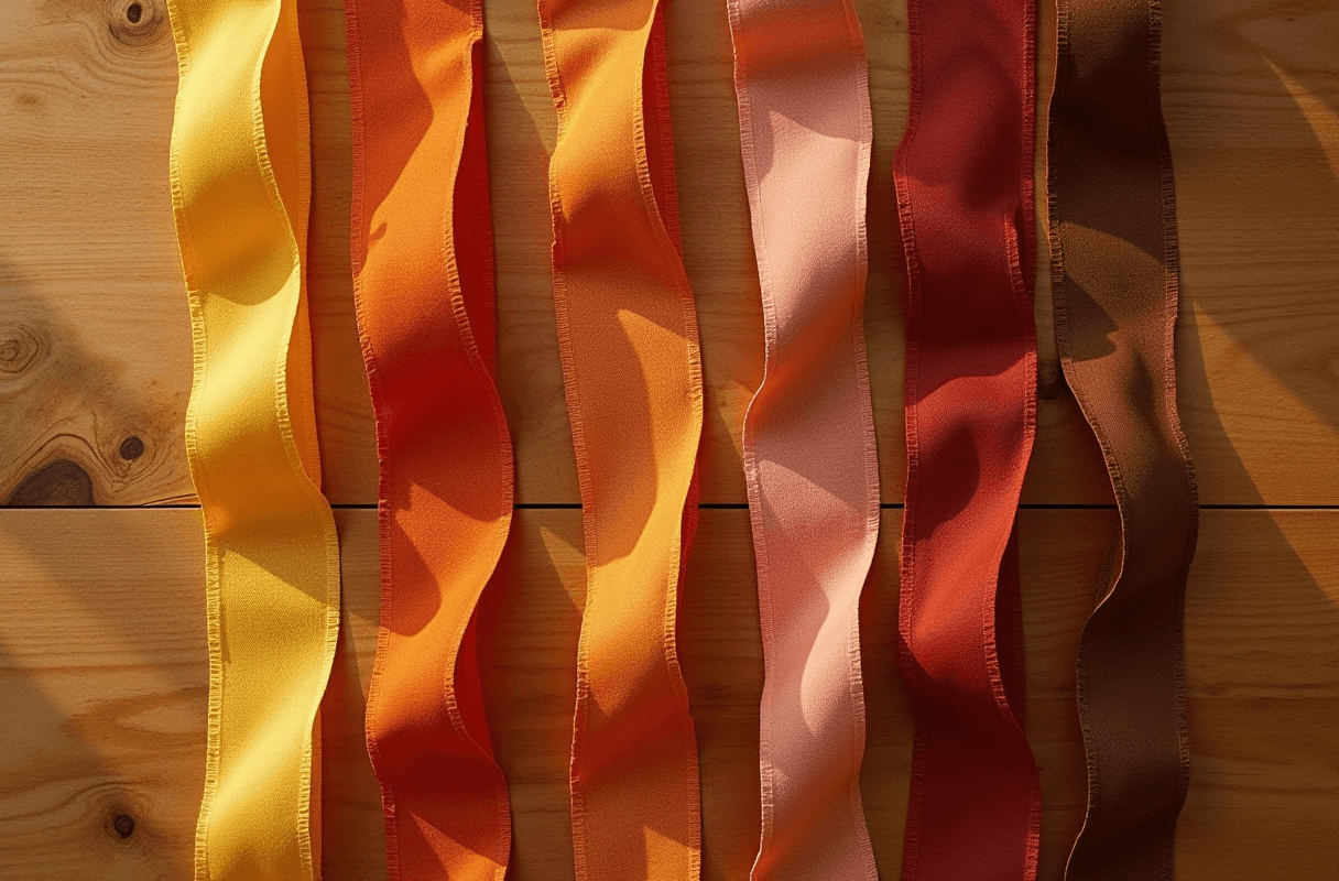Six elegant fabric ribbons laid in a row on a warm wooden table, each in a distinct earthy color — honey, amber, ochre, terracotta, dusty rose, umber — and each woven with a subtly different wave pattern. Same length, same width, but every ribbon carries its own unique mark.