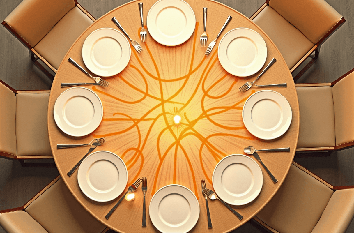 Overhead view of a round wooden dining table with several place settings arranged evenly around it, each setting holding an empty plate. Bold amber curved lines sweep across the center of the table, connecting every seat to every other seat — a visible web of glances suggesting every word attending to every other word.