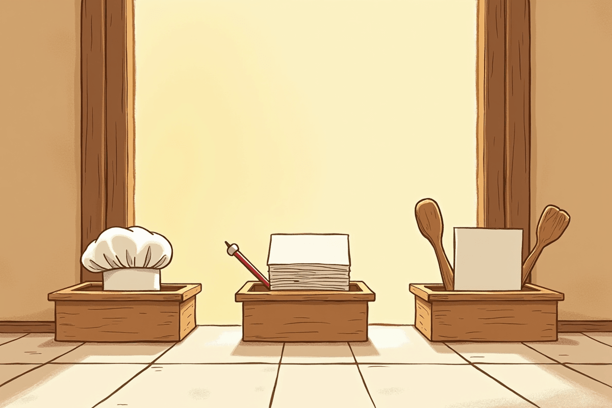 Three small wooden chef stations arranged in a row in a warm kitchen doorway, each with a distinct implement — a puffy white chef's hat at the first (the craving), a stack of blank cards with a quill and inkwell at the second (the labels), and wooden serving utensils at the third (the food). No chefs visible, just the three stations bathed in warm amber light.