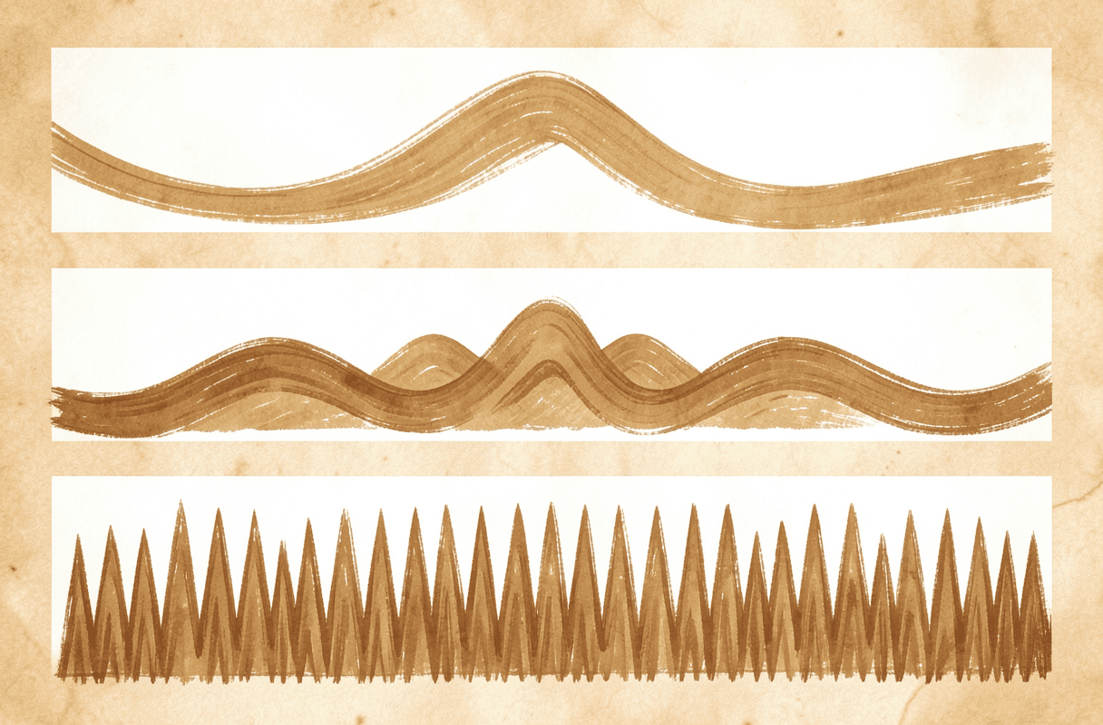 A vertical stack of horizontal wave bands on a warm parchment background. The top band oscillates slowly — a single long, gentle wave. Each band below cycles faster than the one above it. By the bottom of the stack, the waves are dense and rapid. Each band in a different earthy hue — amber, ochre, sage, terracotta — flowing left to right across the page.