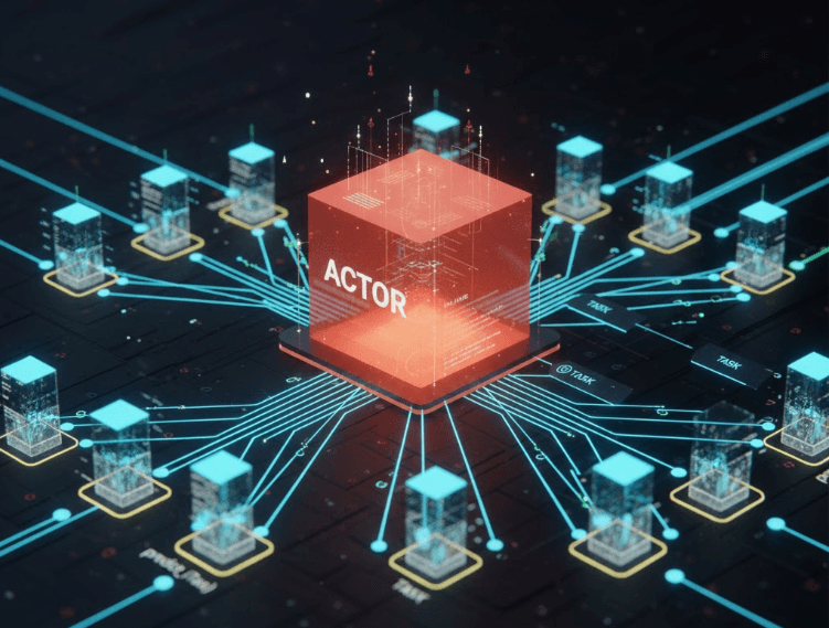 Actor orchestration diagram showing central actor dispatching tasks to multiple workers