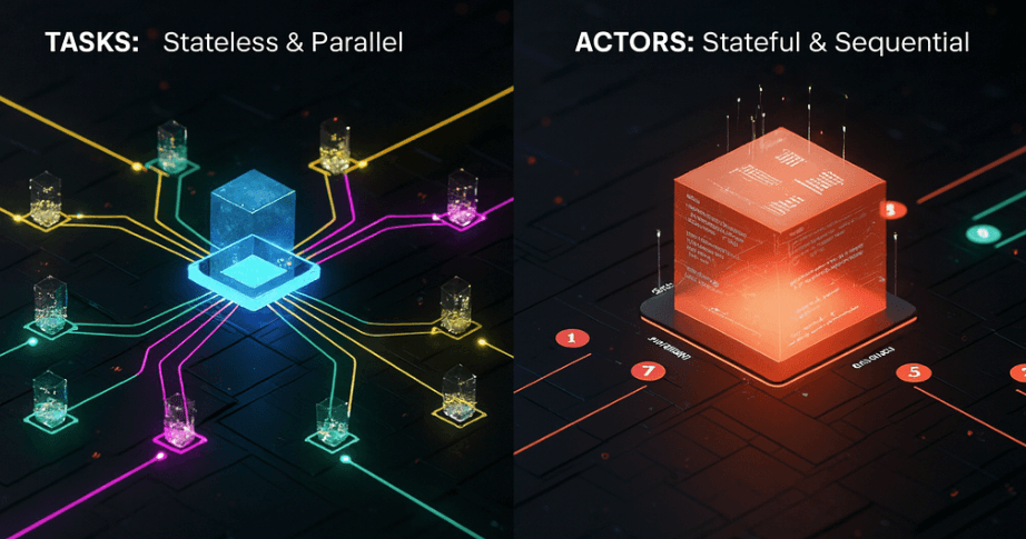 Tasks vs Actors comparison showing parallel stateless tasks on the left and sequential stateful actor on the right